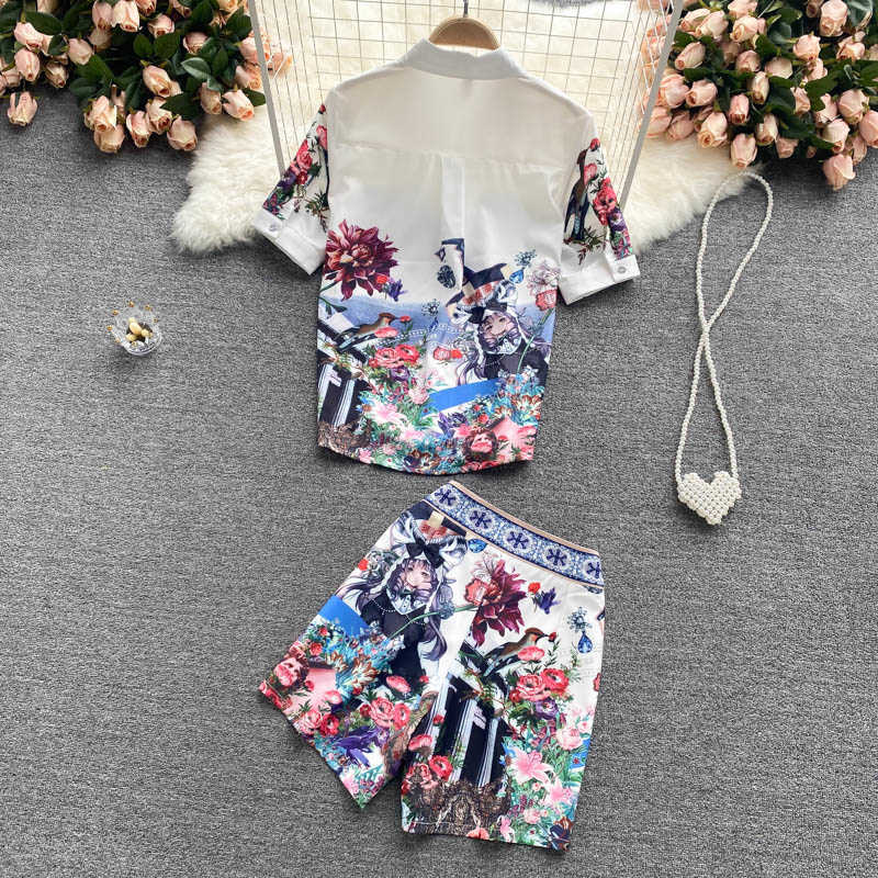 DEAT Women Lapel Short Shirt Printing Shorts Arrivals Two Piece Set Fashion Temperament Spring Summer 11D1567 210709