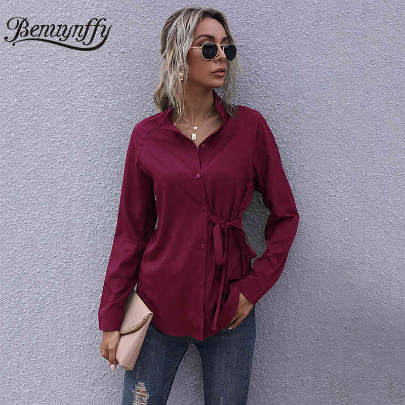 Stand Collar Knot Front Casual Women Shirt Spring Button Up Long Sleeve Blouses Shirts OL Female Solid Tops 210510