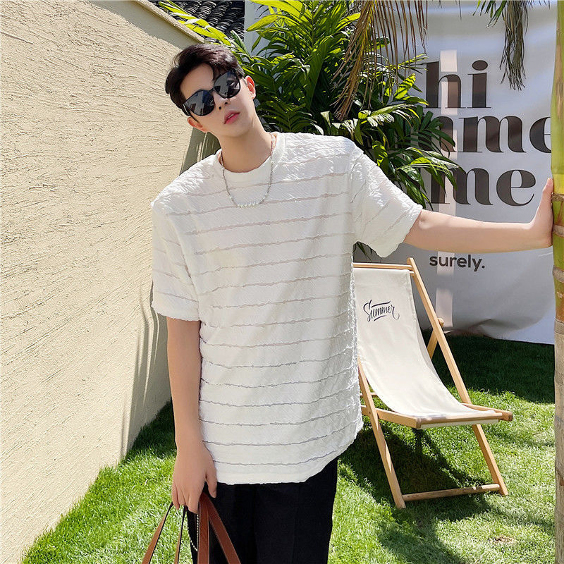 IEFB Korean Hollow Out Fabric Short Sleeve Men's Black White T-shirt Loose Casual Round Collar Trend Tee Tops Summer 9Y7280 210524