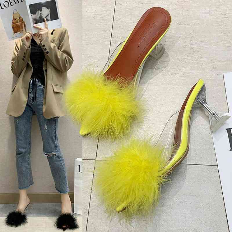 KAMUCC Summer Woman Pumps PVC Transparent Feather Perspex Crystal High Heels Fur Peep Toe Mules Sandals Ladies Slides Shoes 210324, Black
KAMUCC Summer Woman Pumps PVC Transparent Feather Perspex Crystal High Heels Fur Peep Toe Mules Sandals Ladies Slides Shoes 210324, Black
