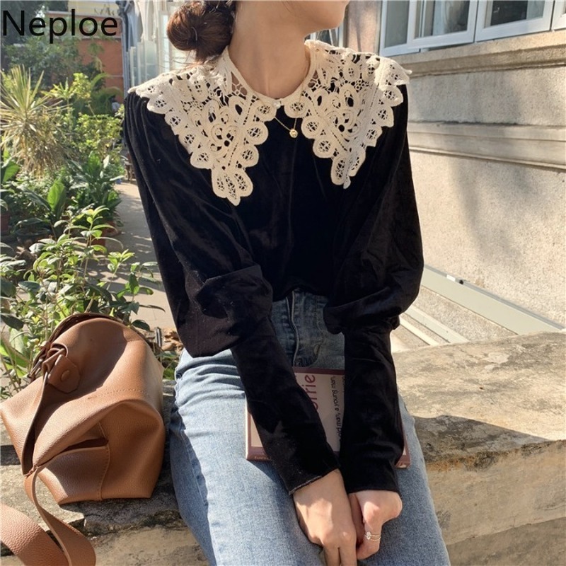 Neploe Blusas Mujer De Moda Korean Vintage Lantern Sleeve Shirts Tops Peter Pan Collar Detachable Velvet Blouses Women 210422