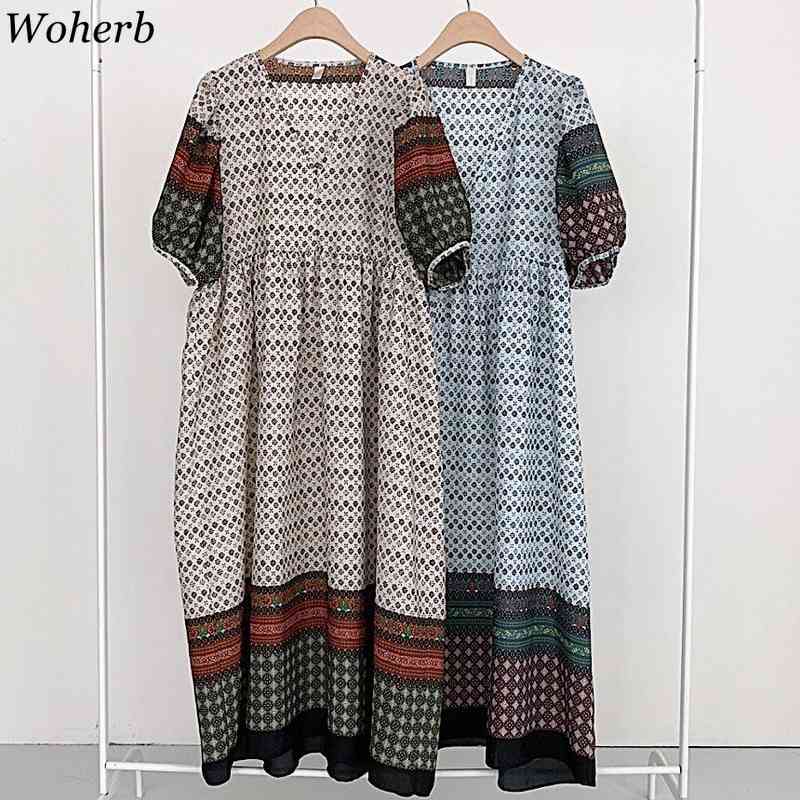 Korean Boho Printed Women Long Dress Summer Short Sleeve V-neck A-line Dresses Vintage Elegant Ladies Vestido Robe 210519