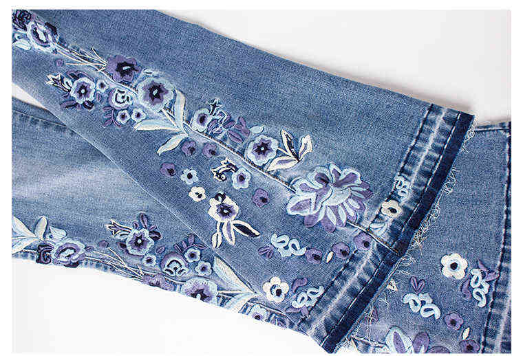 LOGAMI flower Embroidery skinny jeans woman vintage flare denim pants womens 211129