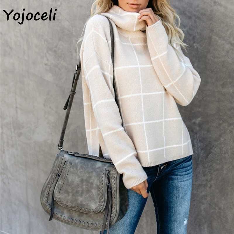 Yojoceli comfy knit sweater women turtleneck plaid jumper pullover tops casual autumn winter 210609