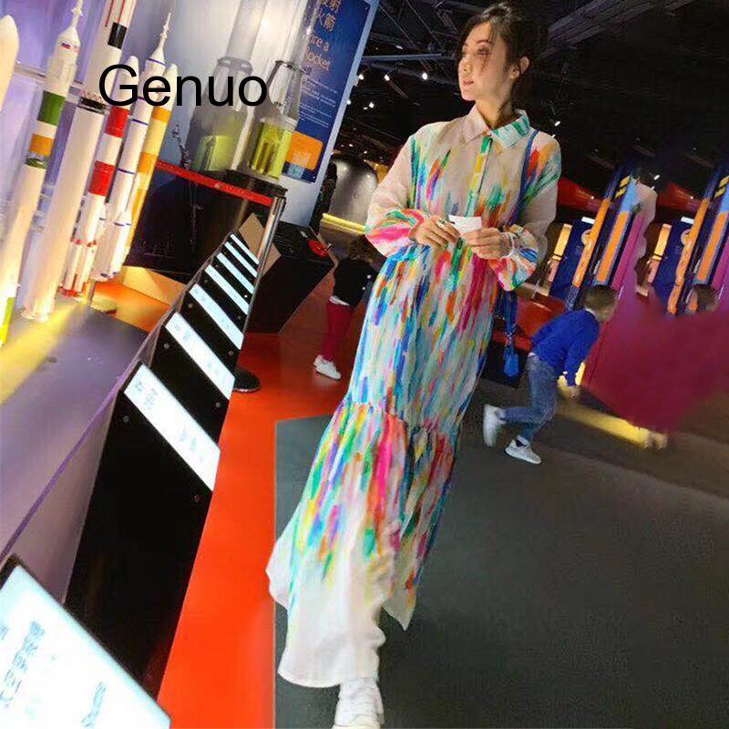 Summer Colorful Women Dress Lapel Lantern Sleeve Button Loose Ankle Length Dresses Female Fashion 2021 Tide Casual