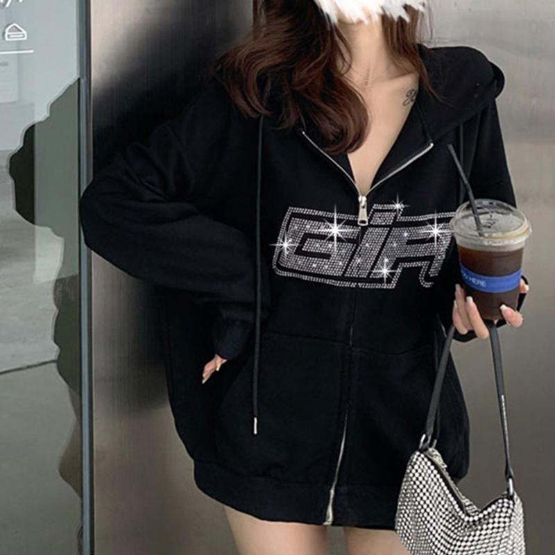 Hoodies & Men's Sweatshirts Y2k Rhinestone Skeleton Men Gothic Black Zip Up Oversized Female Retro Harajuku Hooded Jacket Outfit Un