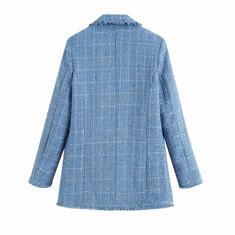 Fashion Office Wear Blue Tweed Blazer Women Elegant Double Breasted Jacket Coat Casual Long Sleeve Pockets Outwear 210515