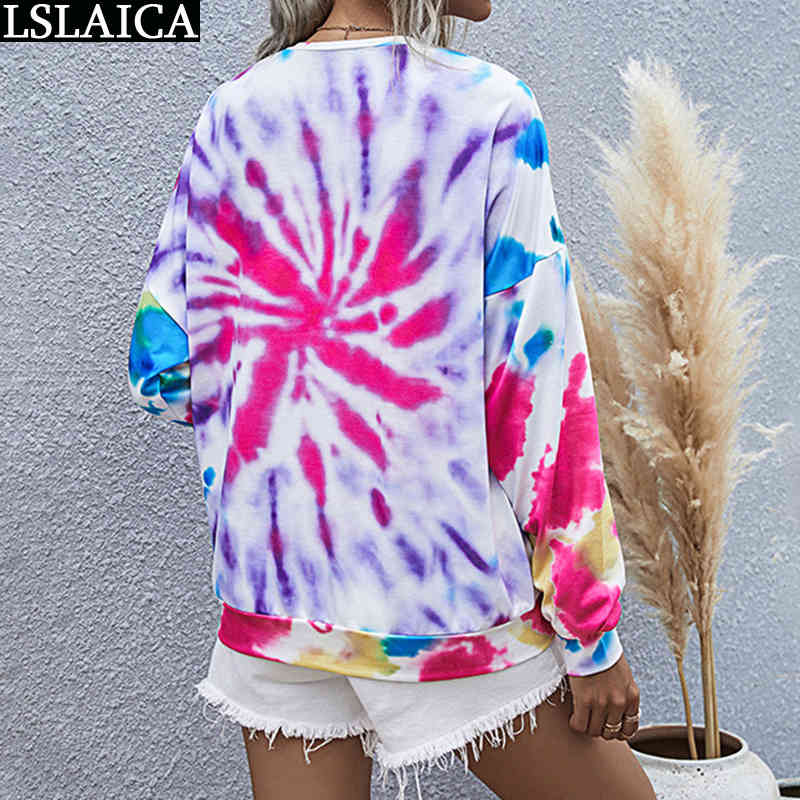 Shirts for Women Fashion Tie Dye Print Long Sleeve O Neck Ladies Tshirt Oversize Autumn Female Tops Casual Streetwear 210520