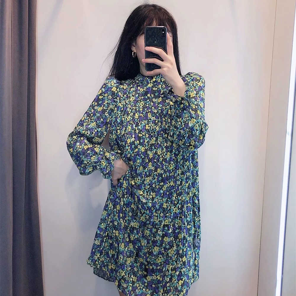Women Chiffon Dress Printed Pleated Short Mini dress Long Sleeves Chic Lady elegant Vintage Casual Woman Dresses 210709