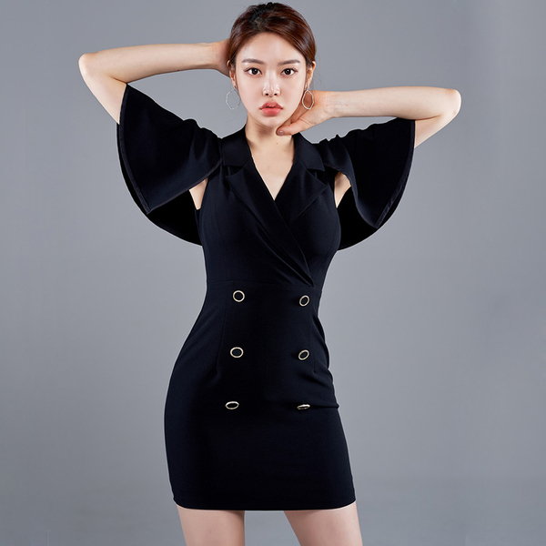 Summer Fashion Office OL Dresses Women Cloak Sleeves Notched Collar Double breasted Slim Club Bodycon Mini Dress 210518