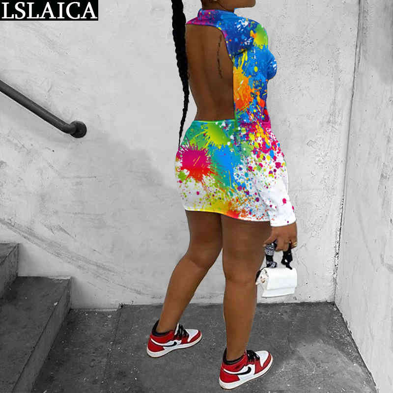 Sexy Bodycon Long Sleeve Dress Women Autumn Tie Dye Print Stand Collar Female Party Mini Plus Size Club Vestido De Mujer 210515