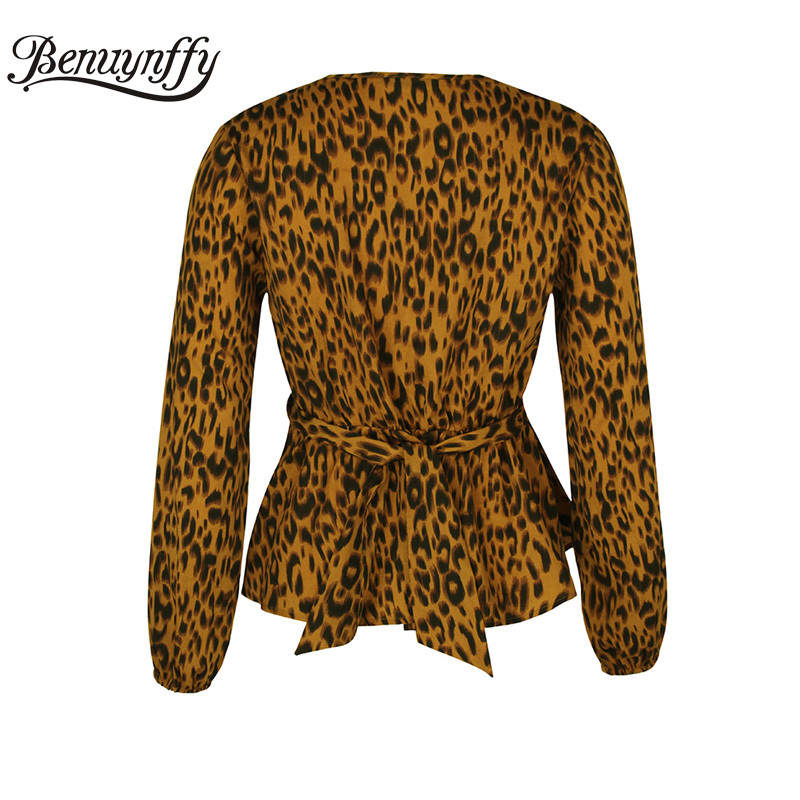 Leopard Print Surplice Neck Belted Blouse Women Long Sleeve Peplum Top Autumn Elegant Office Lady Tops and Blouses 210510