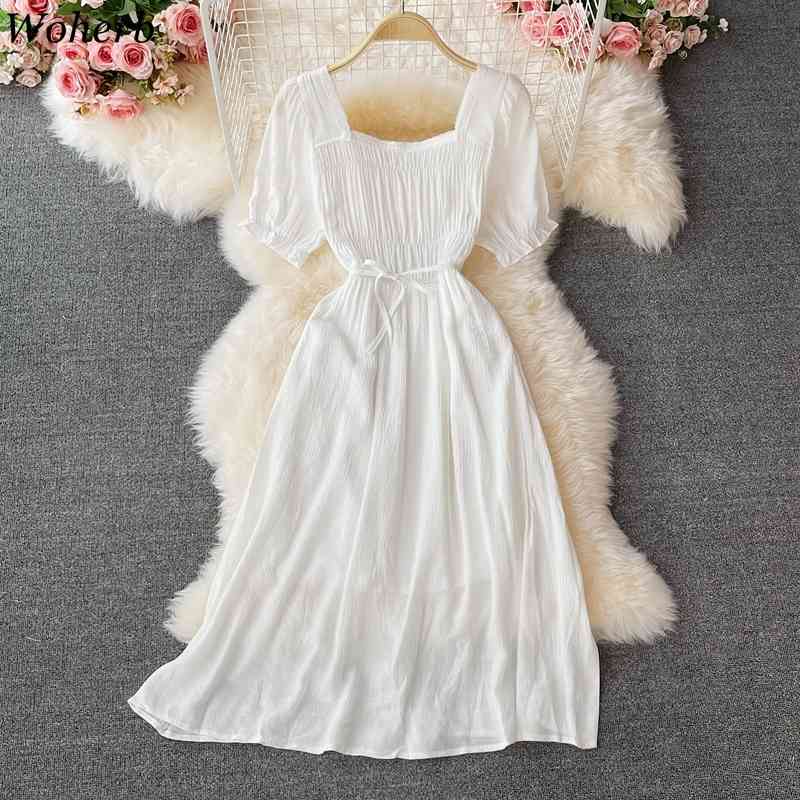 Summer Korean Solid Pleated Dress Sweet Elegant Bandage Dresses Vintage Square Collar Csual All Match Vestidos De Mujer 210519