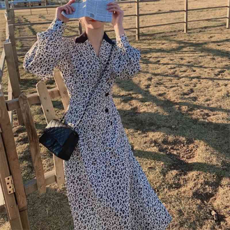 Spring Leopard Midi Dress For Women Fashion Long Sleeve Casual Print Split Party Chic Female Vestido De Mujer 210519