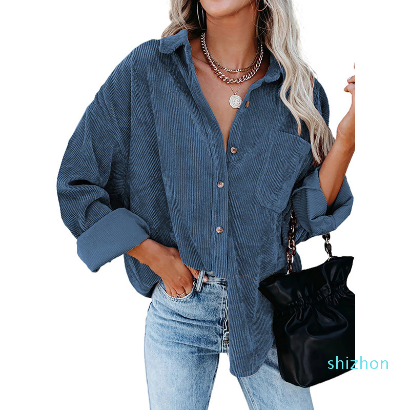 2022 fashion Women Apparel Autumn Winter Corduroy Oversize Shirts Blouses Casual Loose Long Sleeve Single-Breasted Turn Down Collar