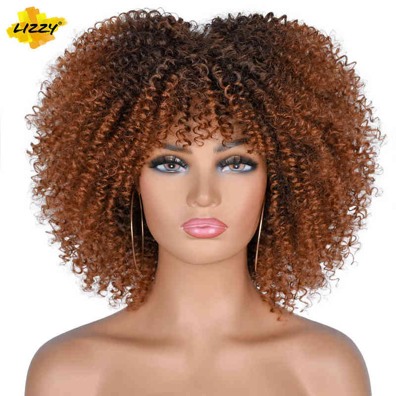 Hairpiece Short Hair Afro Kinky Curly Wigs with Bangs for Black Women African Synthetic Ombre Glueless Cosplay Heat Resistant Lizzy 0121