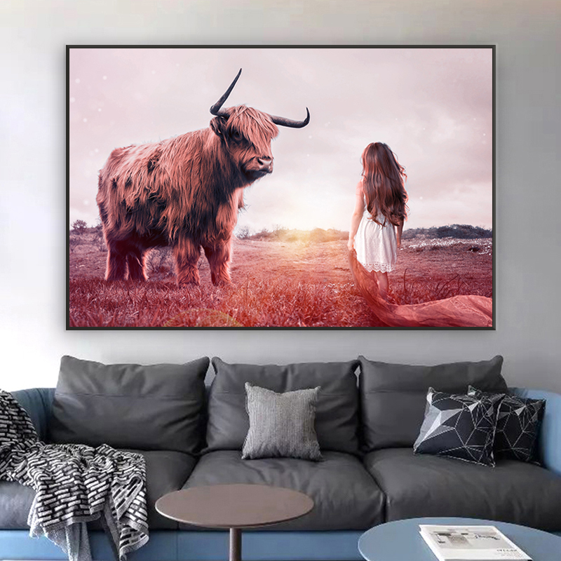 Girl and Cow Print Canvas Painting Wild Animals Wall Art Pictures For Living Room Cuadros Scandinavian Decor Posters and Prints