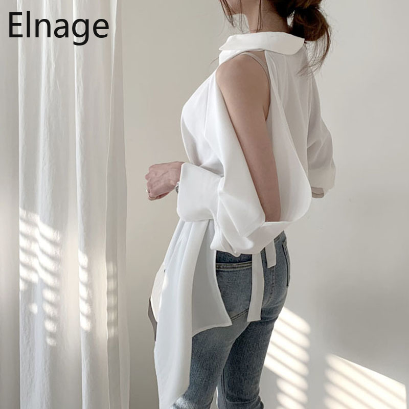 Korean Style Open Back Solid Long Sleeve Blouse OL Shirts Irregular Sexy Off Shoulder Lace Up Slim Vintage Blusas Mujer 5B205 210429