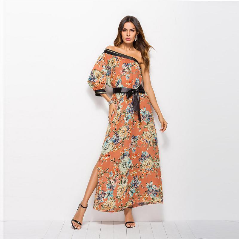 Women Dress Bohemian Print es One-Shoulder Split Lace Up Long Plus Size Sexy Flower Summer es 210513