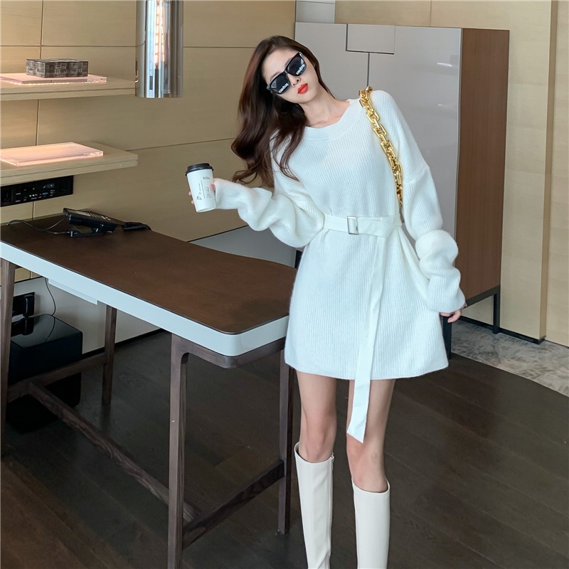 Sweater Dress Women Solid Casual Long Sleeve Slim A-line Mini Office Knitted Dress Female Dress Korean Autumn 210521
