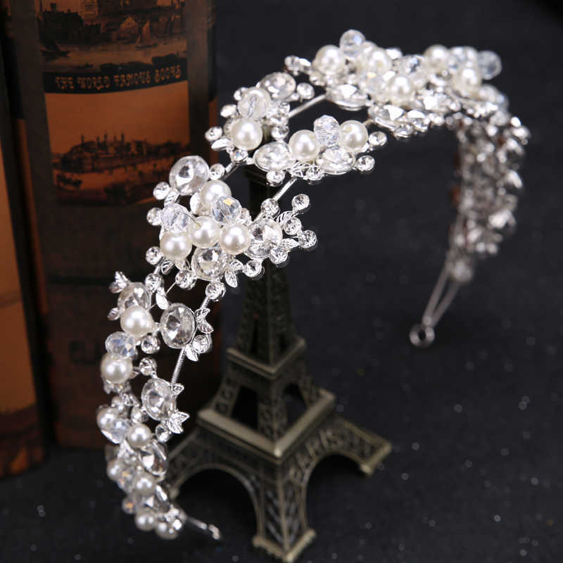 Crystal Pearl Flower Bride Headbands Women Silver Color Princess Wedding Hair Jewelry Tiara bands Accessories Crown 210707