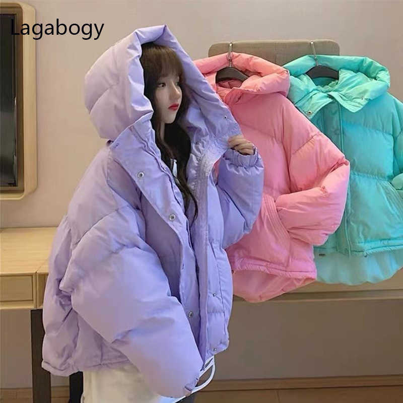 Lagabogy Winter Women 90% White Duck Down Coats Casual Candy Color Warm Bread Jackets Female Hooded Loose Snow Outwear 211013