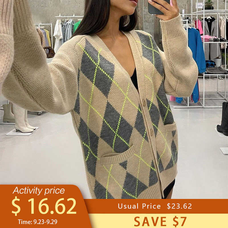 Oversized Argyle Knitted Cardigan Women Sweater Y2K Patchwork Plaid Loose V-Neck Sweaters Female Autumn Vintage Lady Top 211012