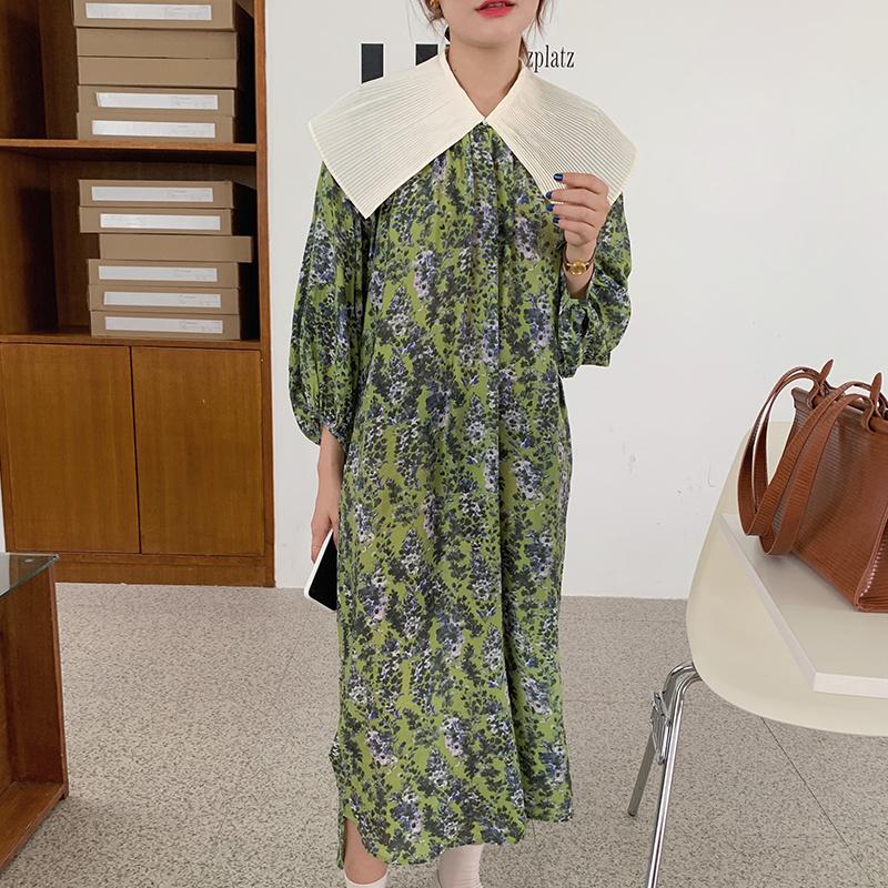 Korean Chic French Detachable Pleated Baby Collar Lace Up Waist Bubble Sleeve Floral Dress Long Skirt Men's Pants