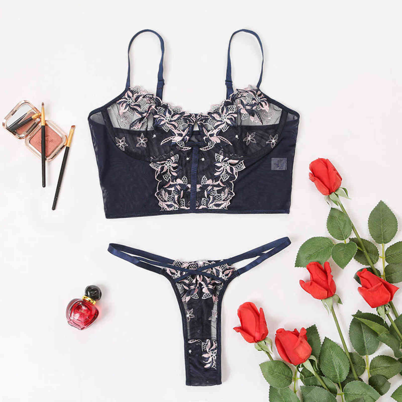 Image of NXY sexy set Sexy Floral Embroidery Erotic Lingerie Women Lace Bra Panti Set Transparent Bralette See Through Bikini Underwear Two Peice Sets 1128