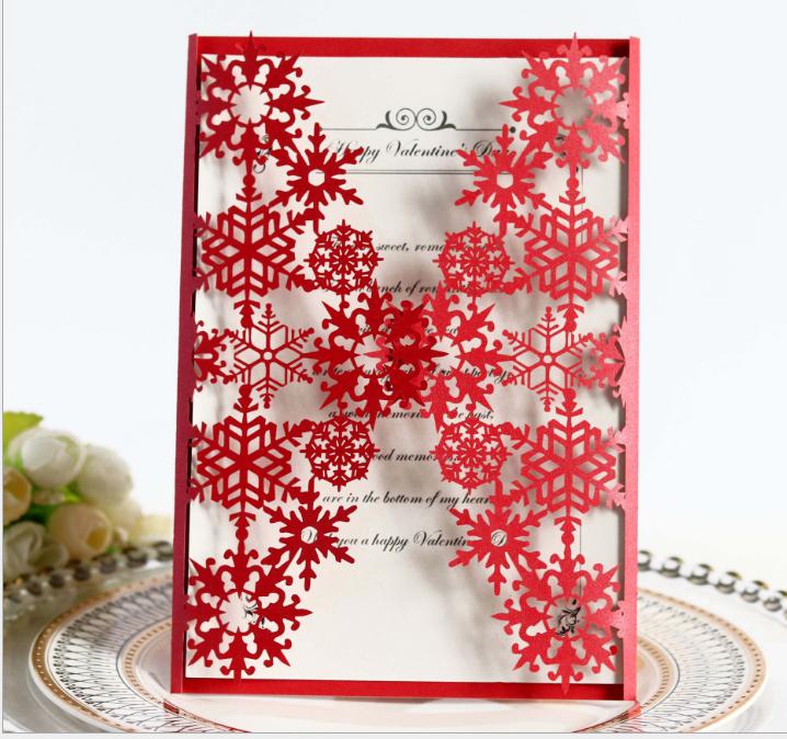 2021 Elegant Ivory Shimmy Snowflake Die Cut Wedding Invitations with Belt Birthday Anniversary Party Invites with Free Printing