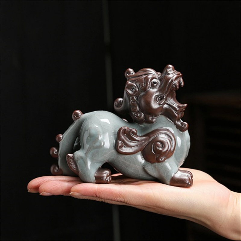 

4.33" Chinese Yixing Zisha Pottery tea pet, Fire kirin Figurine, Purple blue clay craft, Foo dogs Dragon feng shui Glaze Ge kiln porcelain