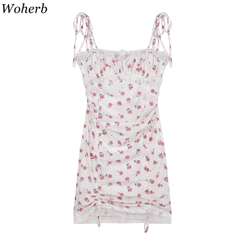 Lace Floral Sling Dress Women Summer Sexy Sweet Drawstring Mini Dresses High Waist Backless Bodycon Vestidos 210519