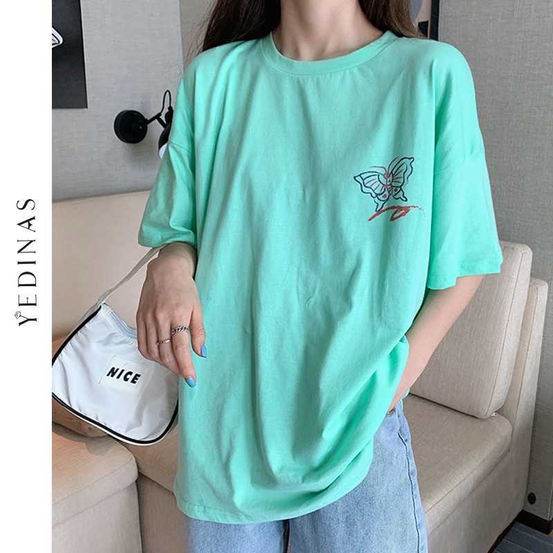 Yedinas E Girl Butterfly Printing T Shirt Harajuku Vintage T-shirt Aesthetic Korean Clothes Oversized Tshirt Mint Tops Plus Size 210527