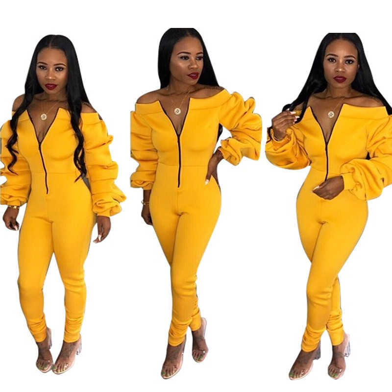Ladies Casual Slash Neck Front Zipper Jumpsuit Stacked Long Sleeve Slim Bodysuit Women Kombinezon Damski Elegancki 210604