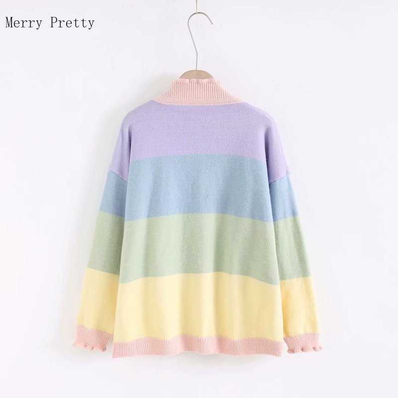 Women Cardigan Knitted Sweater Rainbow Patchwork V Neck Single Breasted Casual Clothes Summer Sweet Style Female Tops 210812