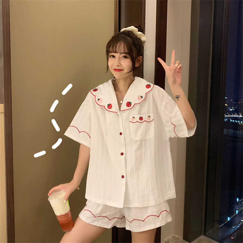 Qweek Women's Pajamas Summer Night Home Suit Sleepwear Cotton Strawberry Embroidery Pijamas Homepwear Pyjamas Kawaii Pj Sets 210924