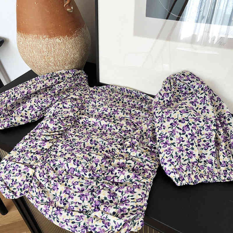 Sexy Off Shoulder Crop Blouse Women Puff Sleeve Pleeated Floral Print Blusas Korean Chic Elegant Tops Shirts 210519
