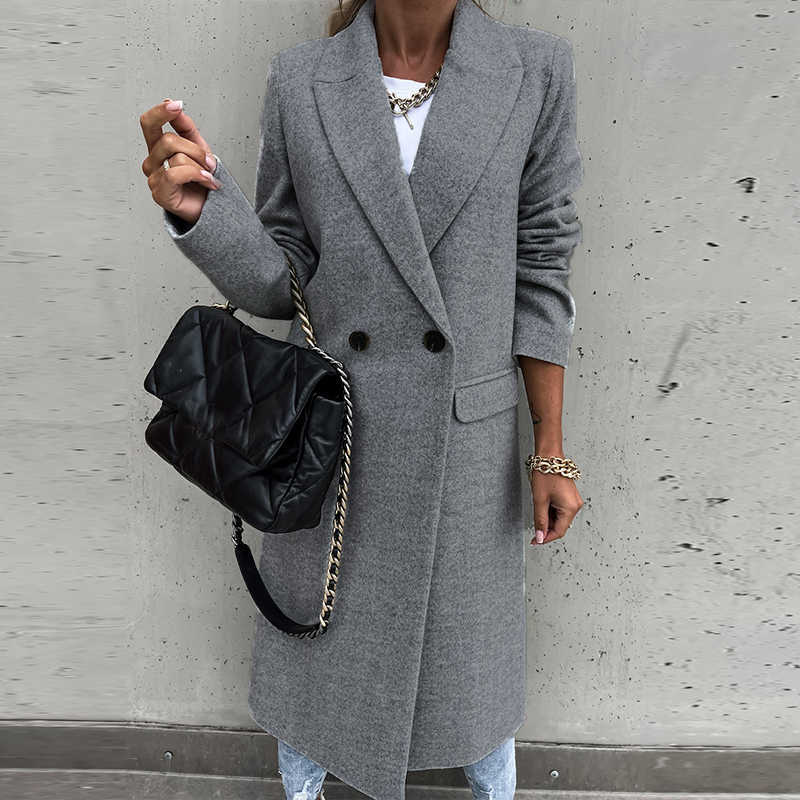 Fashion Elegant Women Long Overcoat Autumn Winter Turn-Down Collar Woolen Coat Tops Office Lady Casual Loose Outwear 210924