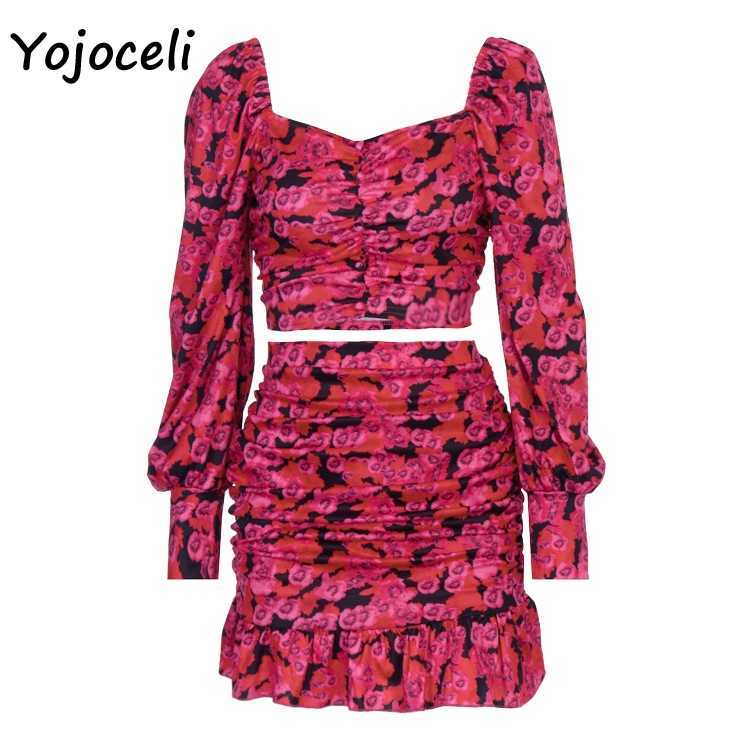 Yojoceli puff sleeve flroal print dres square neck ruffle two pieces set party club 210609