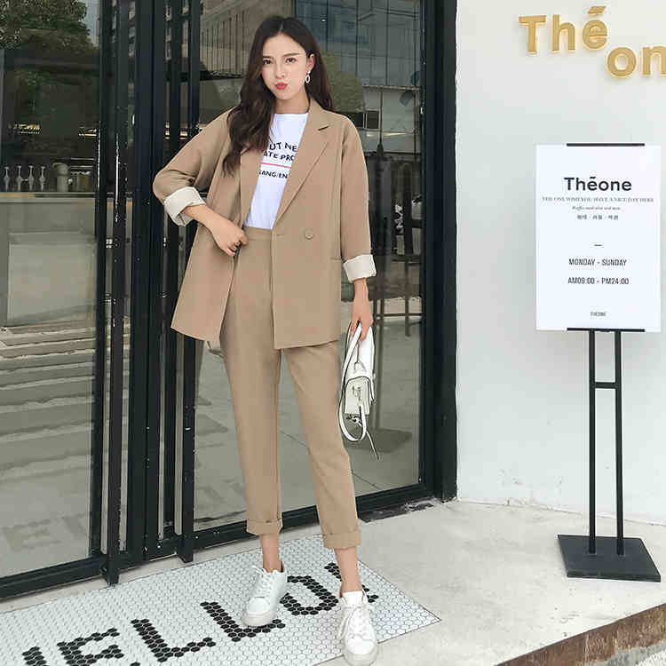 Comelsexy Autumn Winter Khaki Women Pant Suits Double Breasted Pocket Notched Blazer & Pant Office Wear Suit Female Set 210515