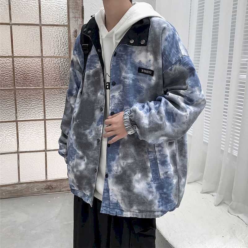 Autumn loose jacket men's casual fashion coat tie-dye trend double-sided square collar wild 210526