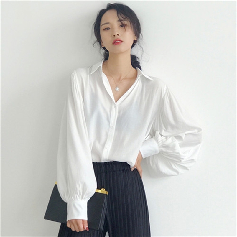 Spring Summer Korea Fashion Women Loose Lantern Sleeve White Shirts Silk Quality Turn-down Collar Casual Blouse Female Tops S452 210512