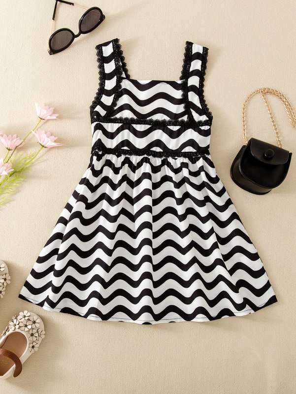 Toddler Girls Chevron Print Guipure Lace Trim Dress SHE