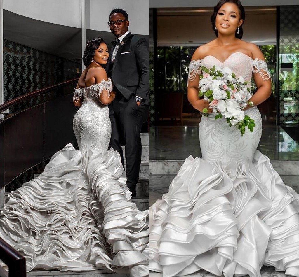 Arabic Aso Ebi Lace Mermaid wedding dresses 2022 Sweetheart Beaded lace Tiers stain african plus size african wedding gown