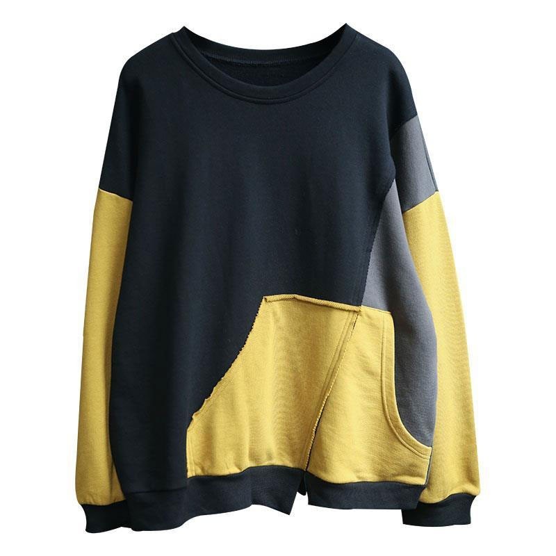 Spring Autumn Arts Style Women Loose Casual O-neck Pullovers Asymmetry Patchwork Cotton Long Sleeve Hoodies Big Size S102 210512