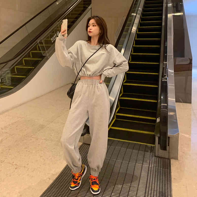 Wonder 2 Piece Set Tracksuit Casual Autumn Loose Crop Sweatshirts Haren Pants Outfit Ladies Sportsuits 210510
