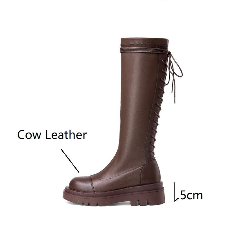 Boots Ochanmeb Chic Back Lace-up Cross-tied Kneehighs Goth Motorcycle Women Beige Burgundy Black Platform Chunky Long Shoe