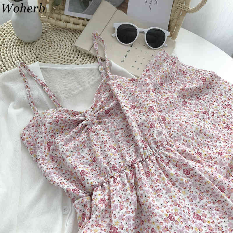 Floral V-neck Sling Dress Women Summer Slim Pleated Sleeveless Chiffon A-line Dresses Fashion Temperament Vestidos 210519