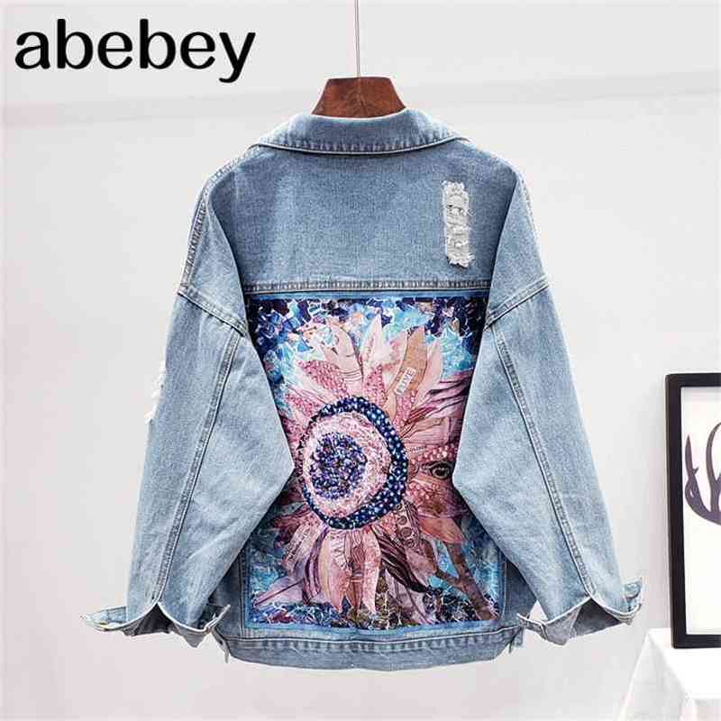 Streetwear Style Print Women's Denim Jacket Coat Diamonds Hole BF Jeans Outwear Female Spring Autumn Casual Loose Cowboy Outwear 210722