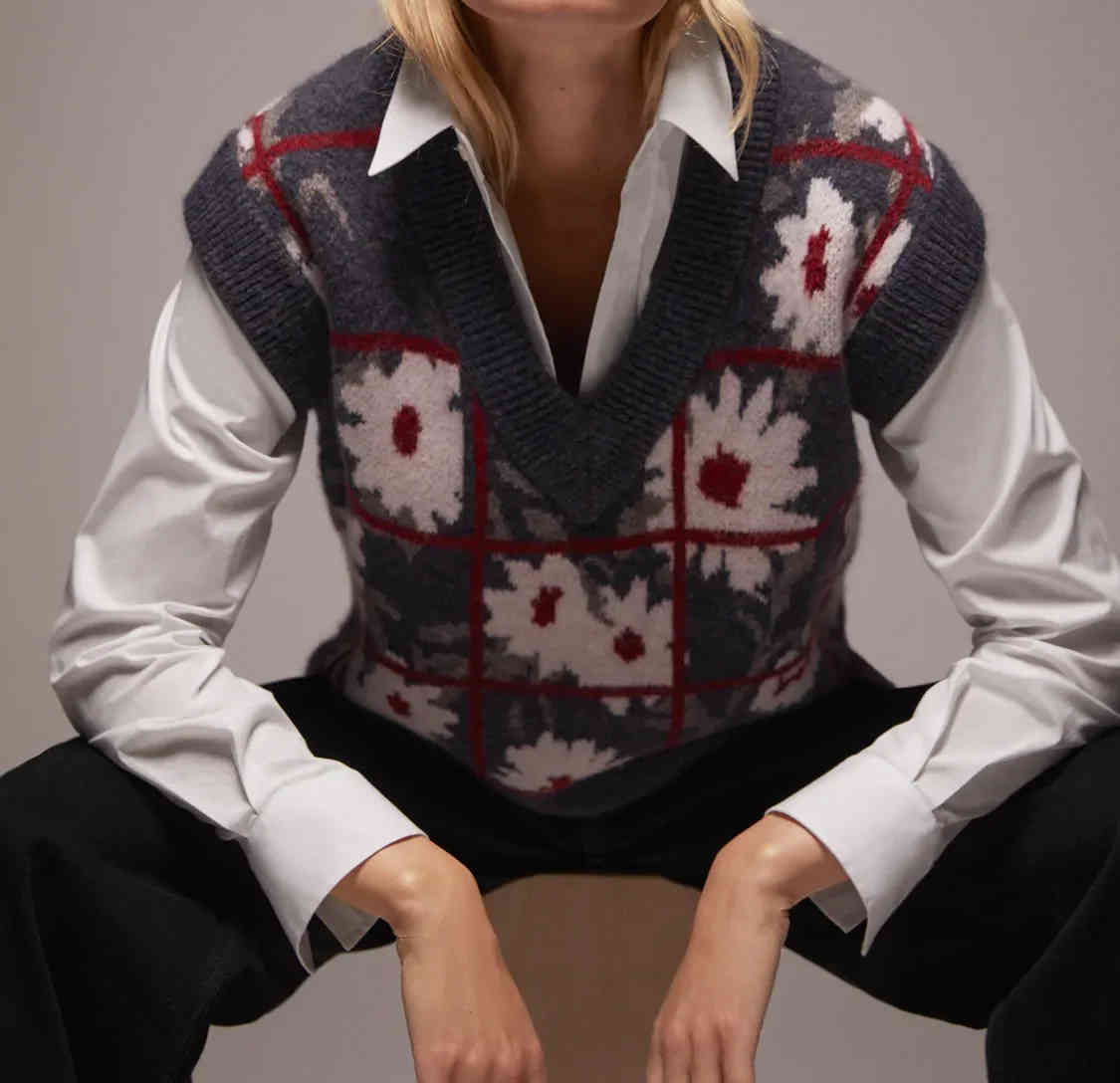 Vintage V-Neck Print Oversize Knitted Sweater Fashion Slim Sleeveless Office Lady Pullover Casual Loose Chic Top 210521